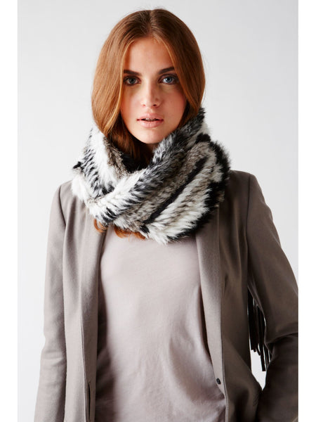 Sheared Rabbit Knitted Infinity Scarf – Black / White